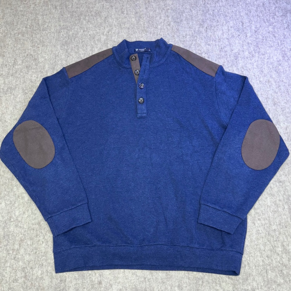 CREMIEUX CLASSICS Men Navy Blue Button Pullover Sweatshirt Elbow Patches Size XL